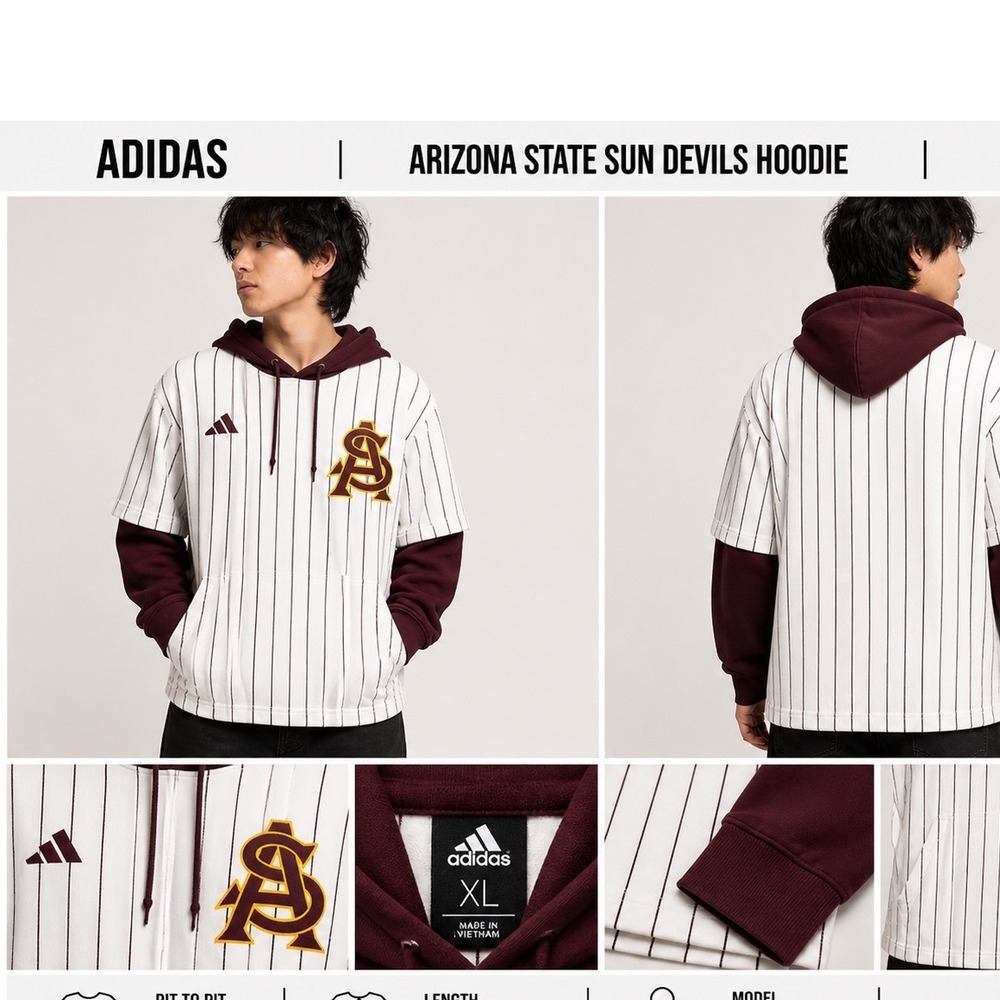 Adidas ASU Arizona State Sun Devils Pinstripe Baseball Hoodie Maroon White XL